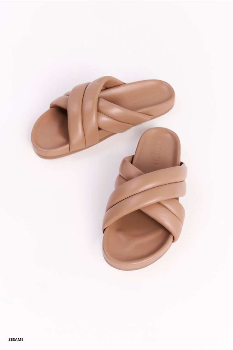 Nude Lucy Crossover Leather Slides - Sesame