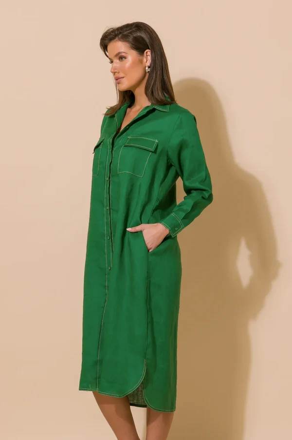 Adorne Petrina Contrast Stitch Linen Dress - Green