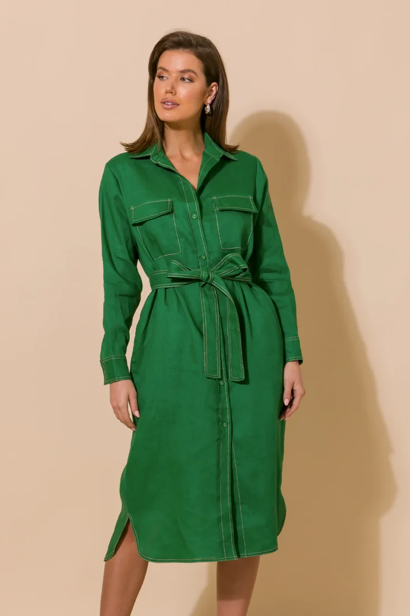 Adorne Petrina Contrast Stitch Linen Dress - Green