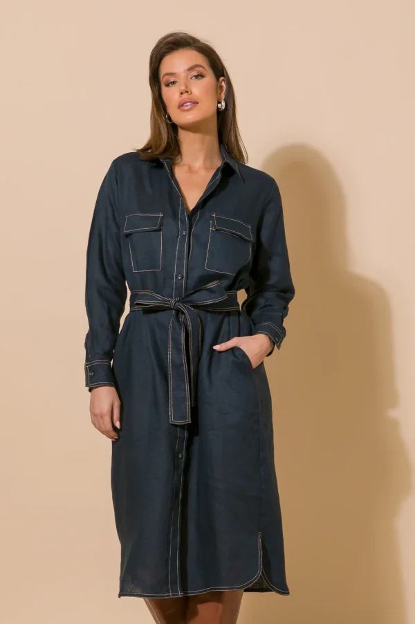 Adorne Petrina Contrast Stitch Linen Dress - Navy