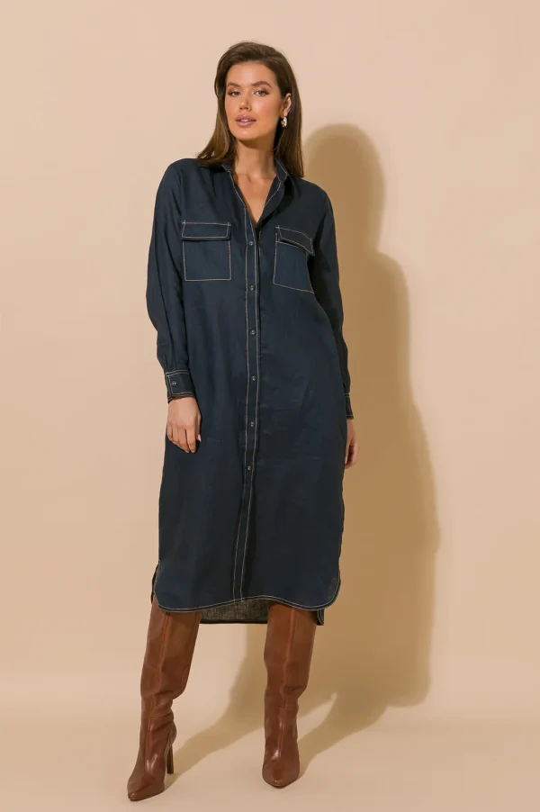 Adorne Petrina Contrast Stitch Linen Dress - Navy