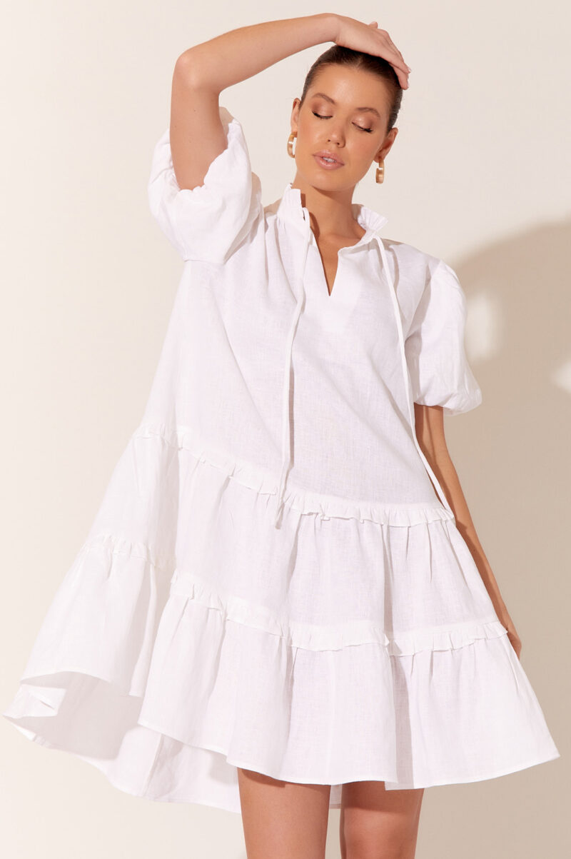 Adorne Ariel Short Sleeve Linen Dress White