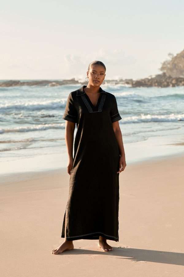 Adorne Melanie Contrast Stitch Linen Dress Black