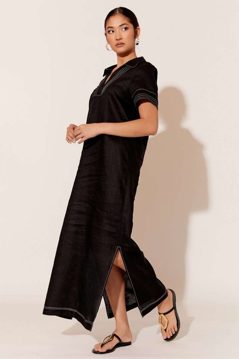 Adorne Melanie Contrast Stitch Linen Dress Black