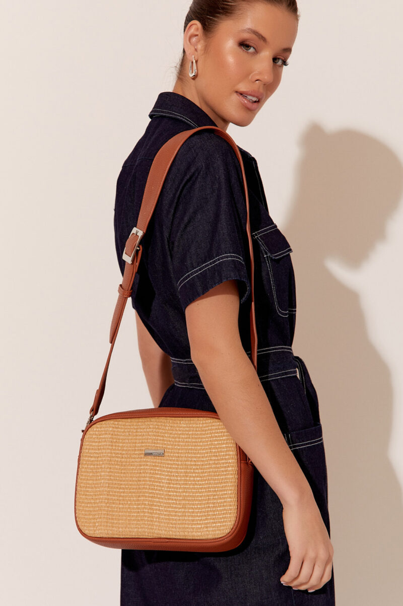 Adorne Paloma Weave Contrast Trim Camera Bag Tan