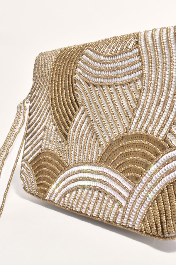 Adorne Curve Pattern Beaded Sequin Clutch White Gold