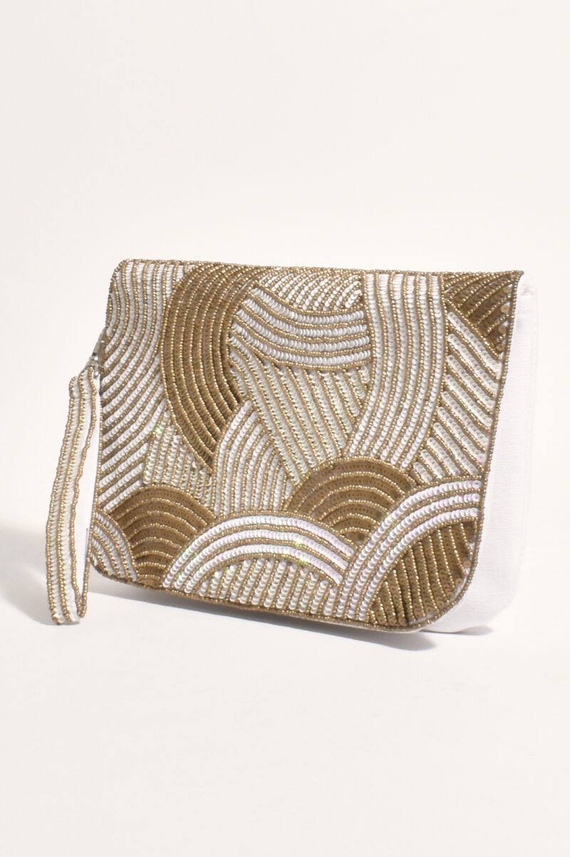 Adorne Curve Pattern Beaded Sequin Clutch White Gold