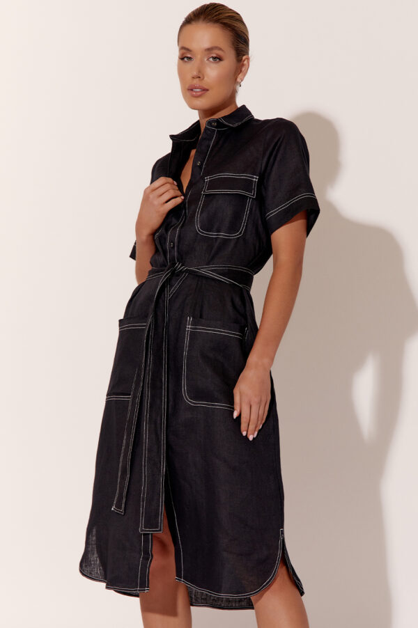 Adorne Petrina Short Sleeve Linen Dress Black