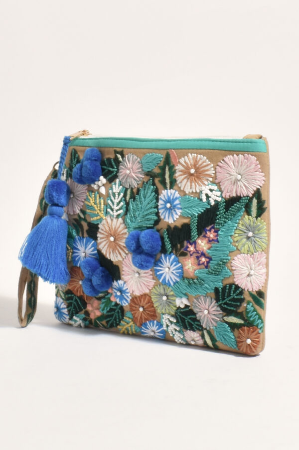 Adorne Hand Crafted Floral Zip Top Clutch Blue Multi