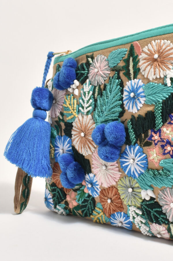 Adorne Hand Crafted Floral Zip Top Clutch Blue Multi