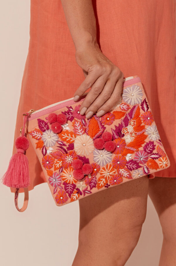 Adorne Hand Crafted Floral Zip Top Clutch Pink Multi
