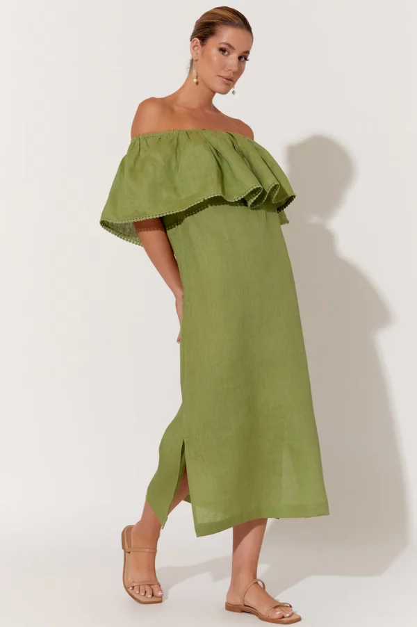 Adorne Bronte Lace Trim Linen Dress Green