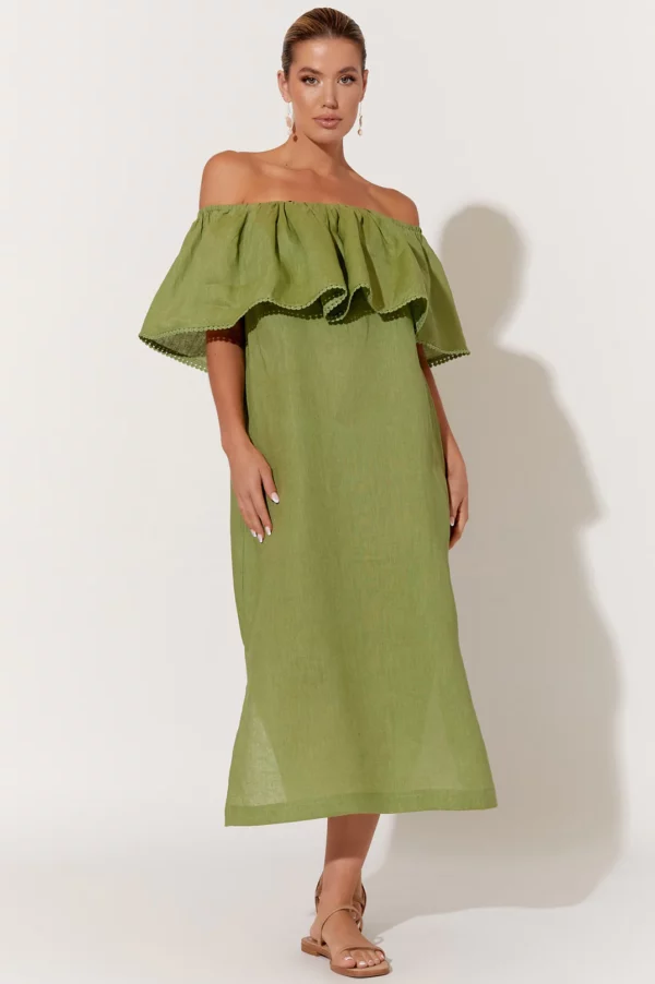 Adorne Bronte Lace Trim Linen Dress Green