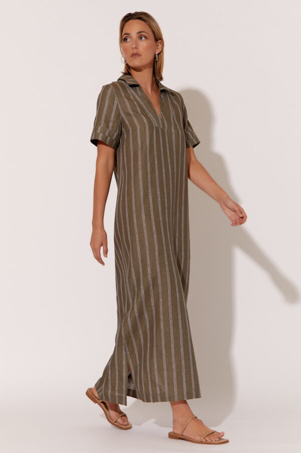 Adorne Melanie Stripe Linen Dress Khaki