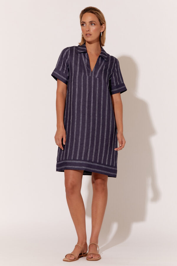Adorne Melanie Stripe Short Linen Dress Navy