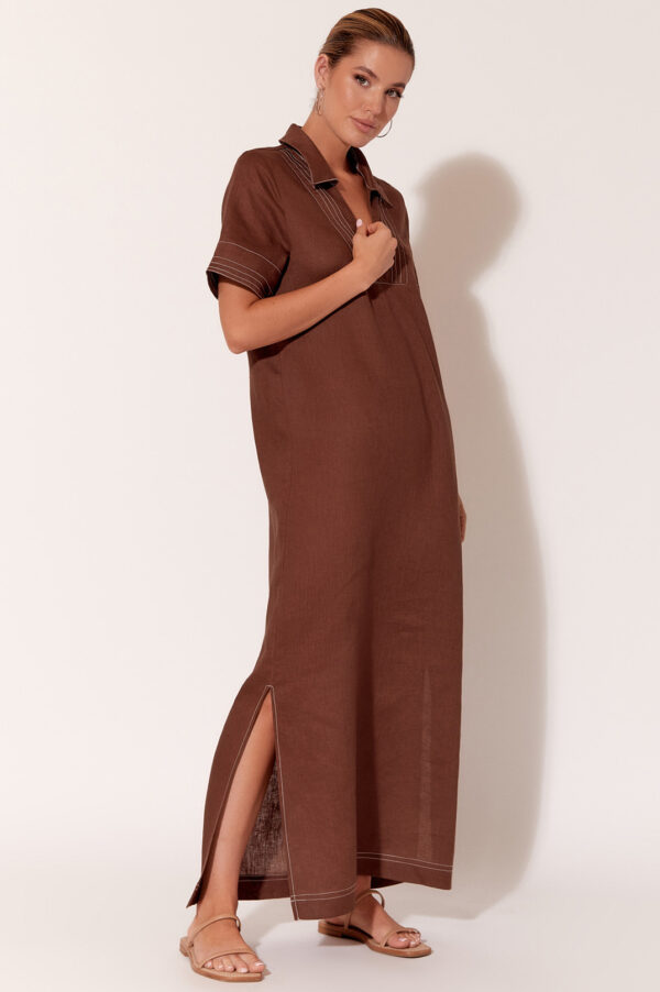 Adorne Melanie Contrast Stitch Linen Dress Chocolate