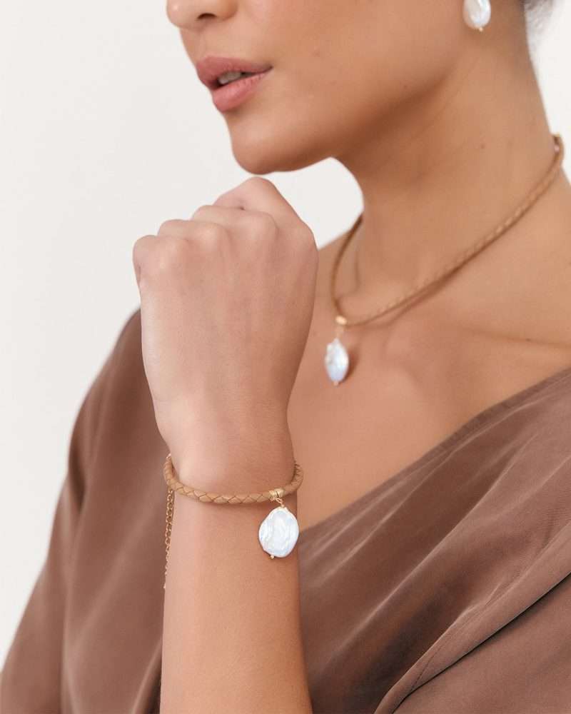 Adorne Plaited Leather Pearl Drop Bracelet - Nude/Cream